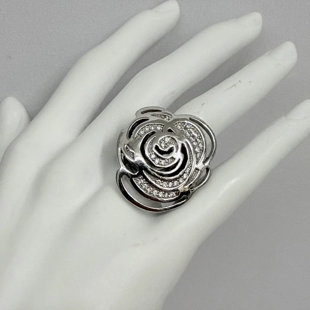 Lauren G Adams Silver Tone Metal Rose CZ Ring LGA Daisy Enamel Size 6 3/4 7